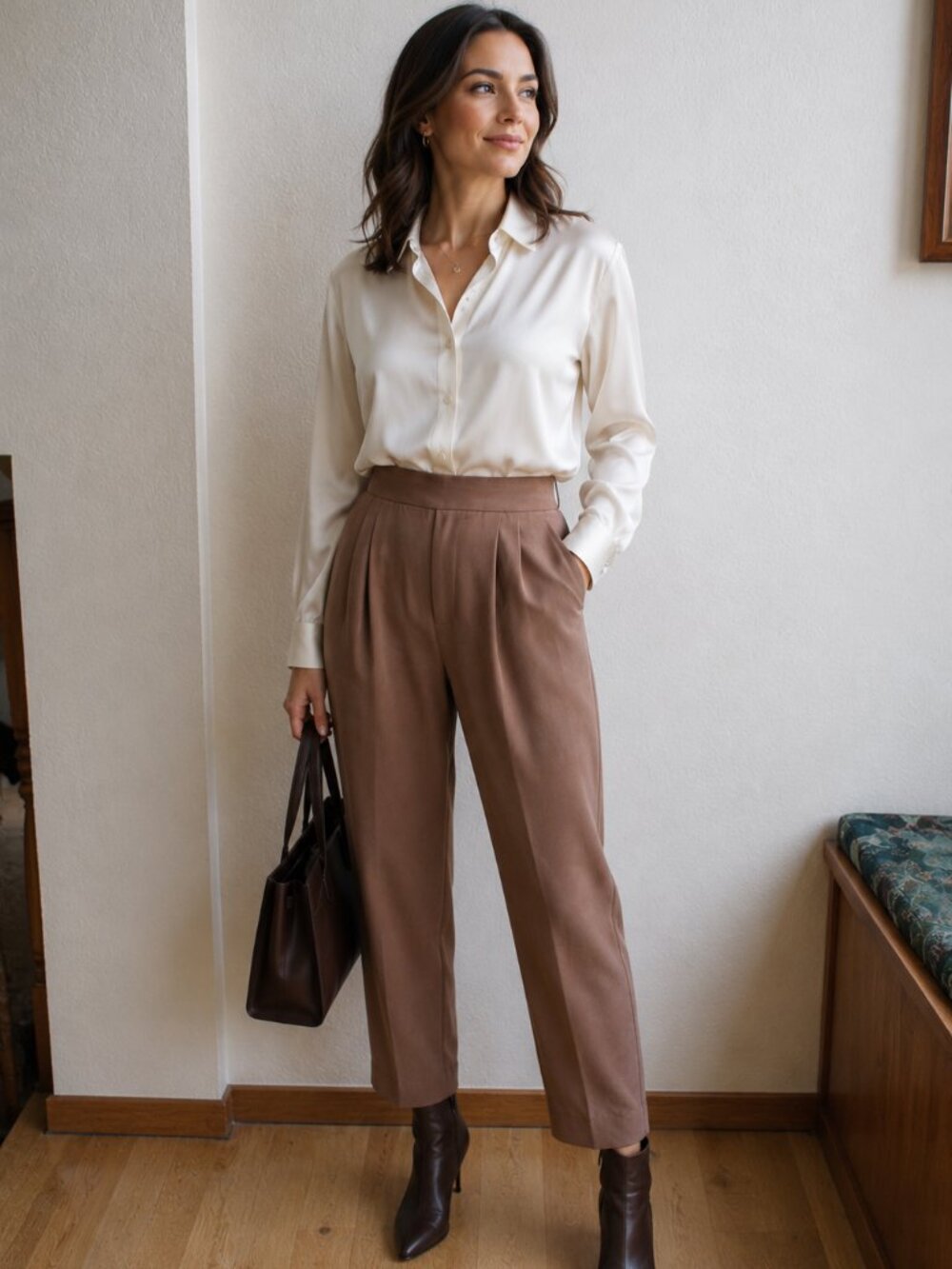 Dana Buchman Vintage 90's Tan Silk Pleated High Waist Slacks 10 32X29"